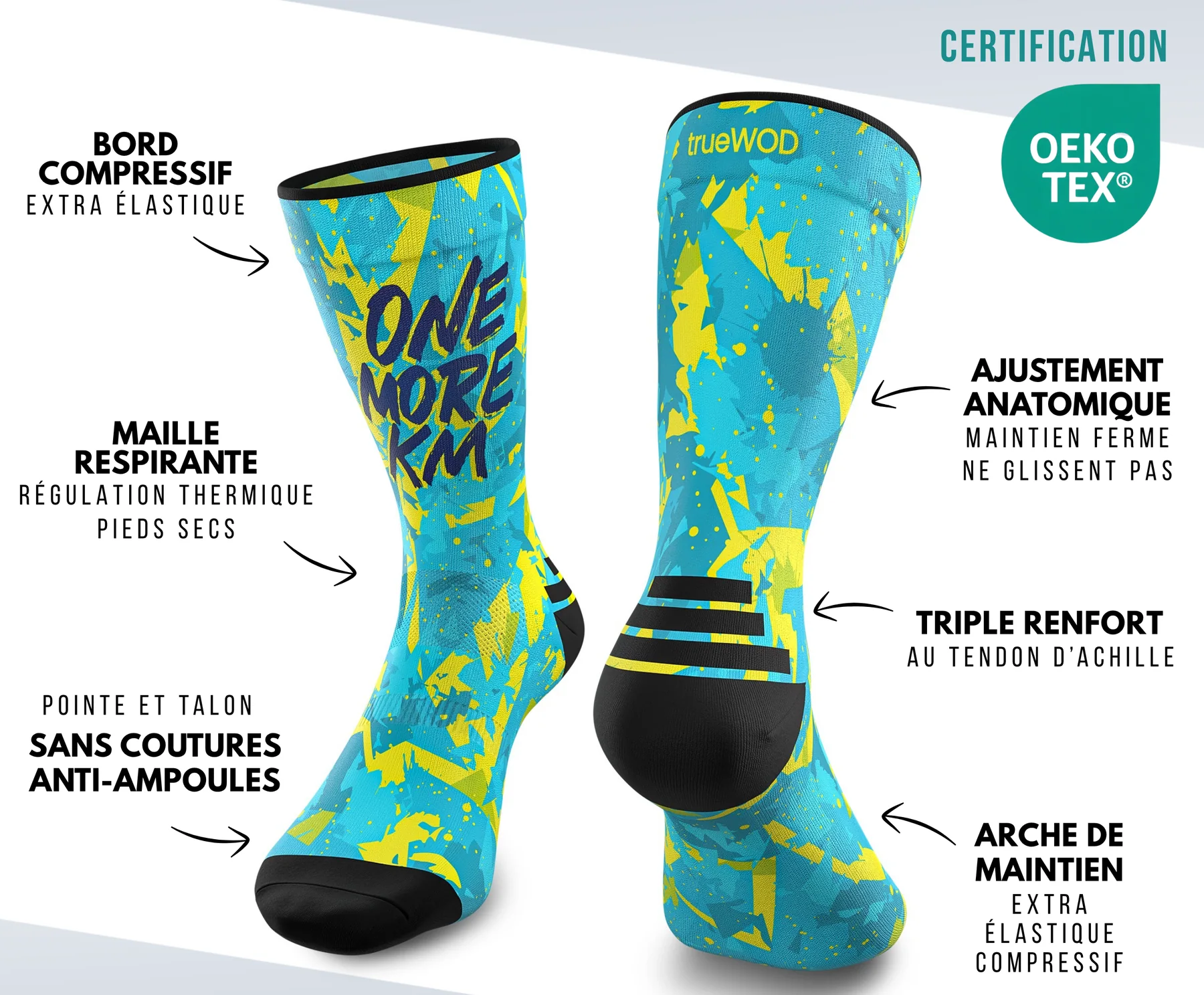Caractéristiques de la chaussette trueWOD : bord-côte compressif extra élastique, maille respirante avec régulation thermique, pointe et talon sans coutures anti-ampoules, tissu à ajustement anatomique qui ne descend pas, renfort triple au tendon d'Achille et arche de maintien extra élastique compressive